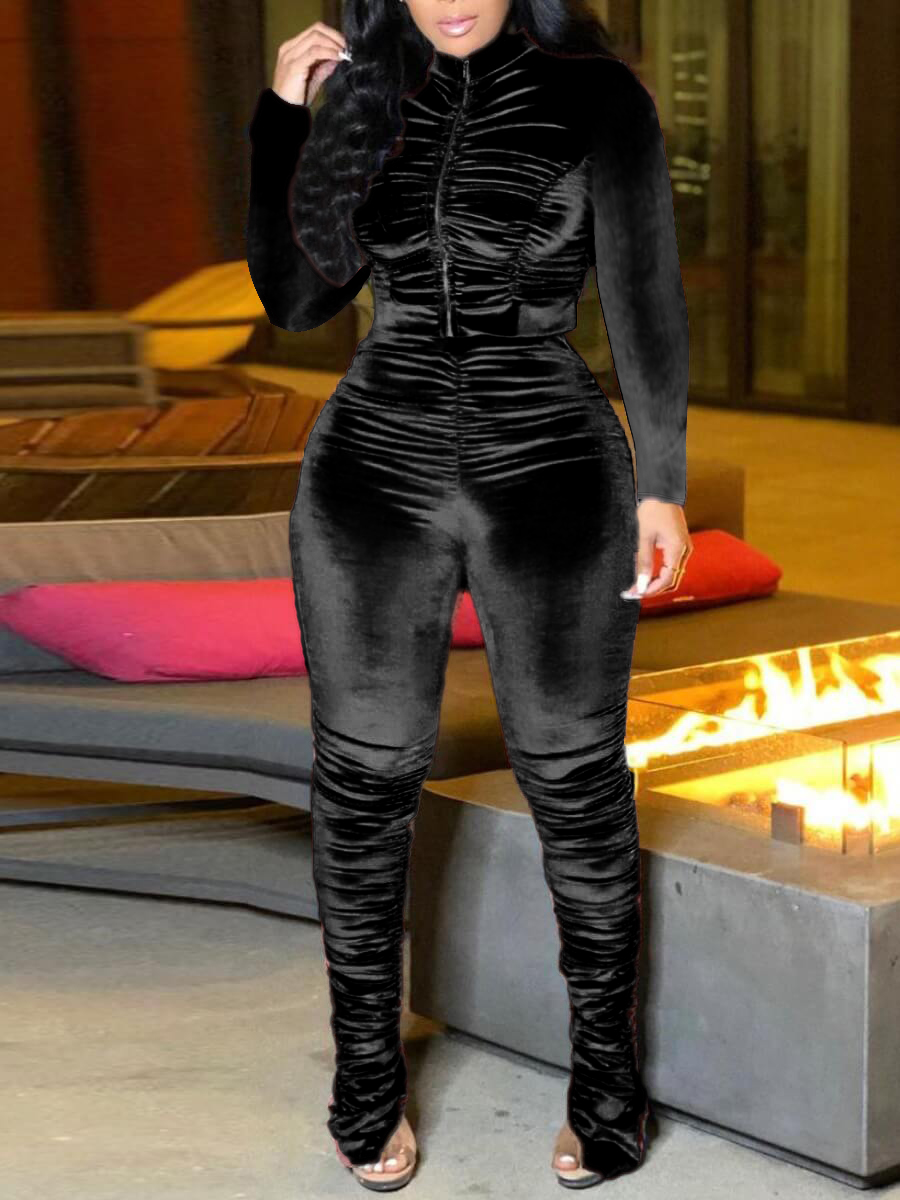 

LW Velvet Turtleneck Fold Zipper Design Pants Set, Black