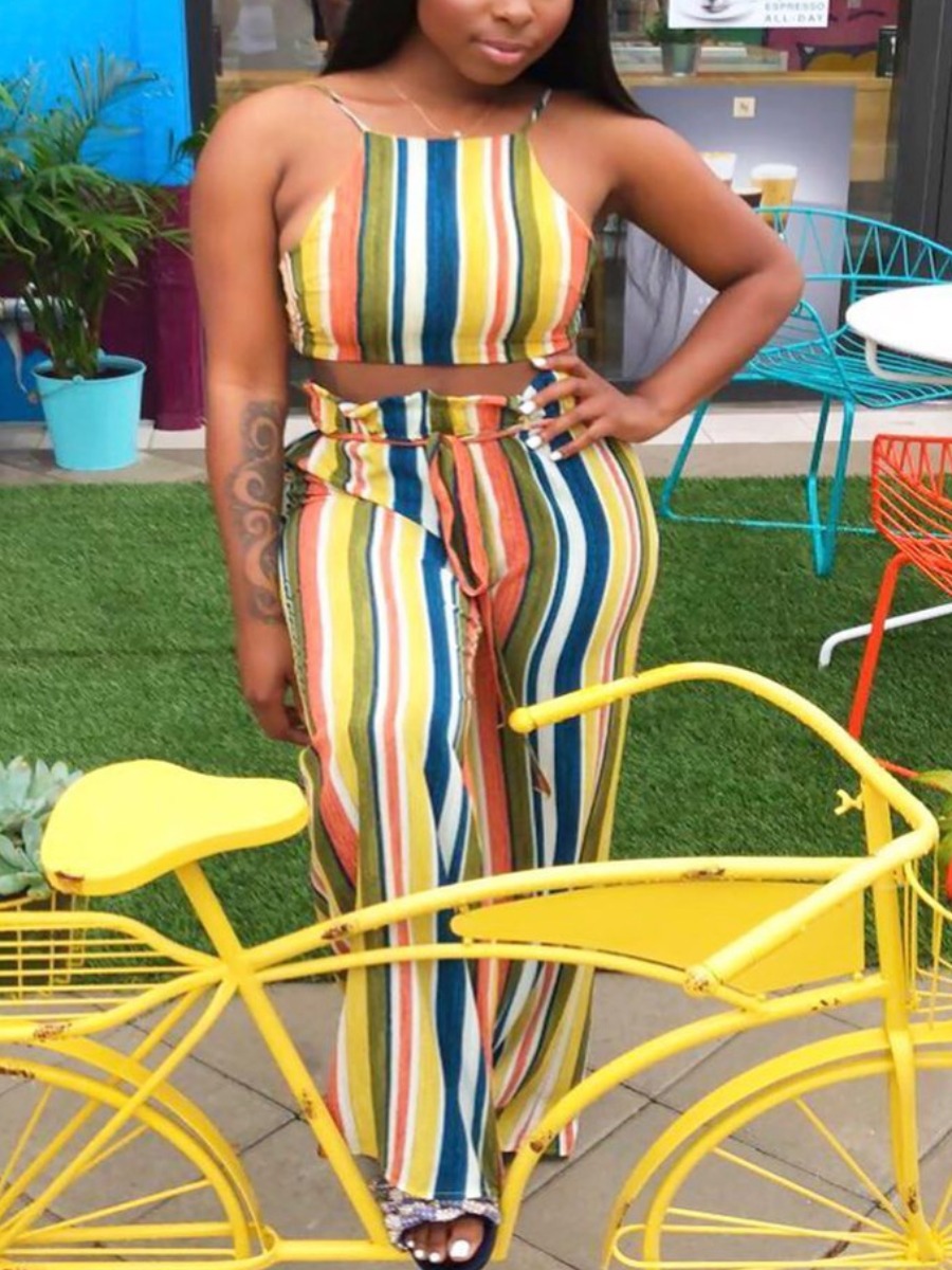 

Lovely Boho Striped Bandage Design Multicolor Two Piece Pants Set, Multi