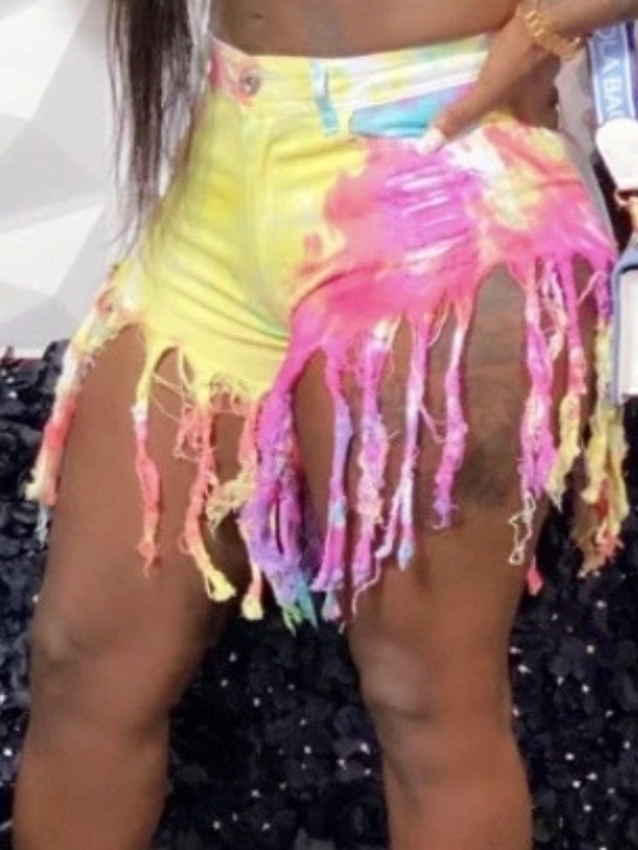

LW Street Tie-dye Tassel Design Yellow Denim Shorts