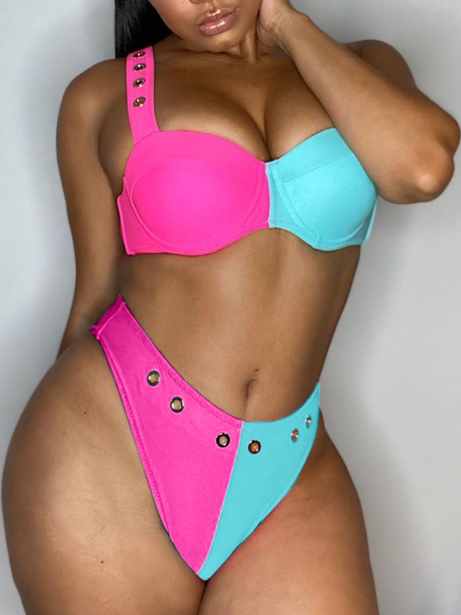 

LW Casual Color-lump Metal Ring Decoration Blue Two-piece Swimsuit