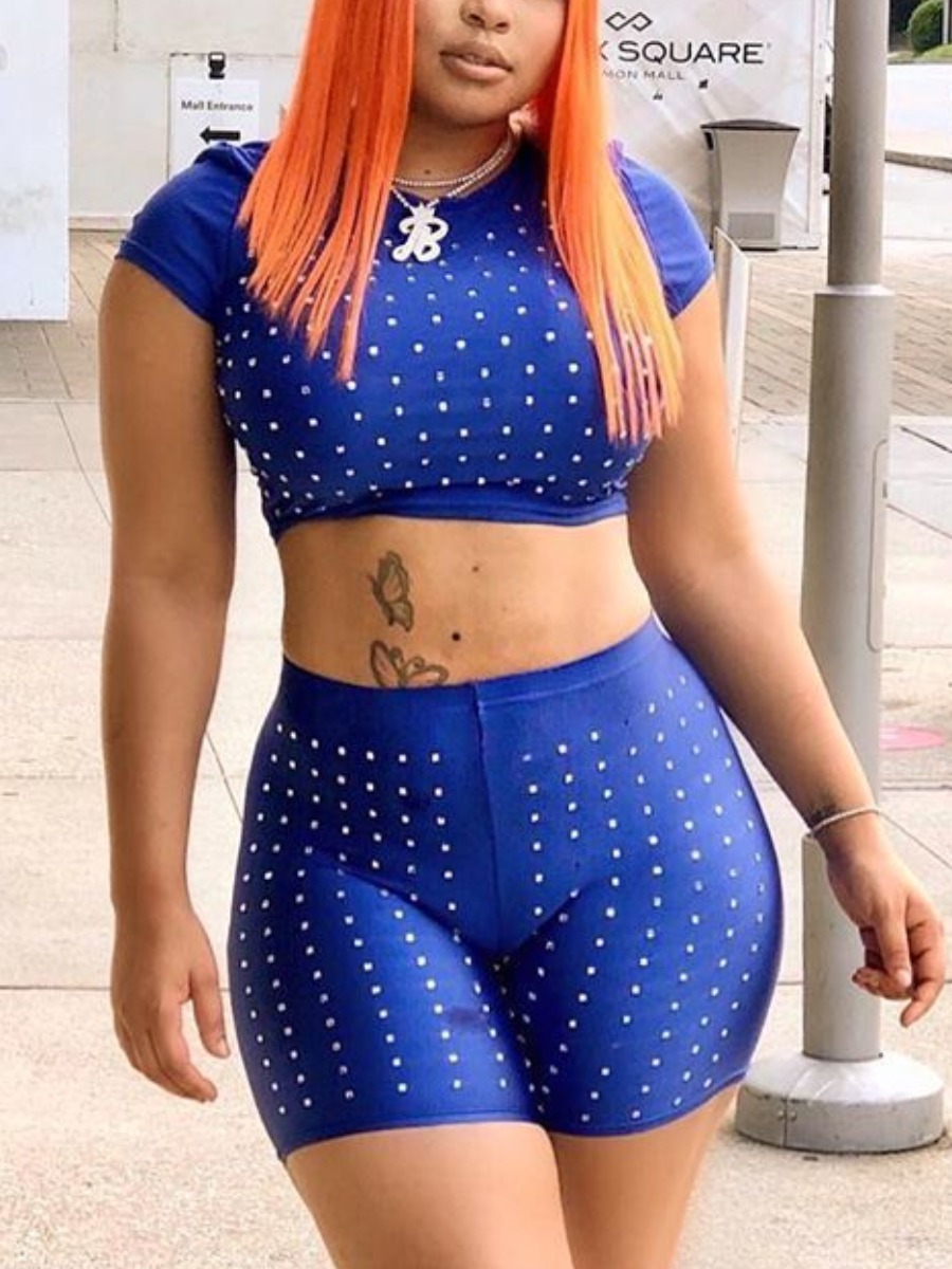 

Lovely Casual O Neck Dot Print Blue Two Piece Shorts Set