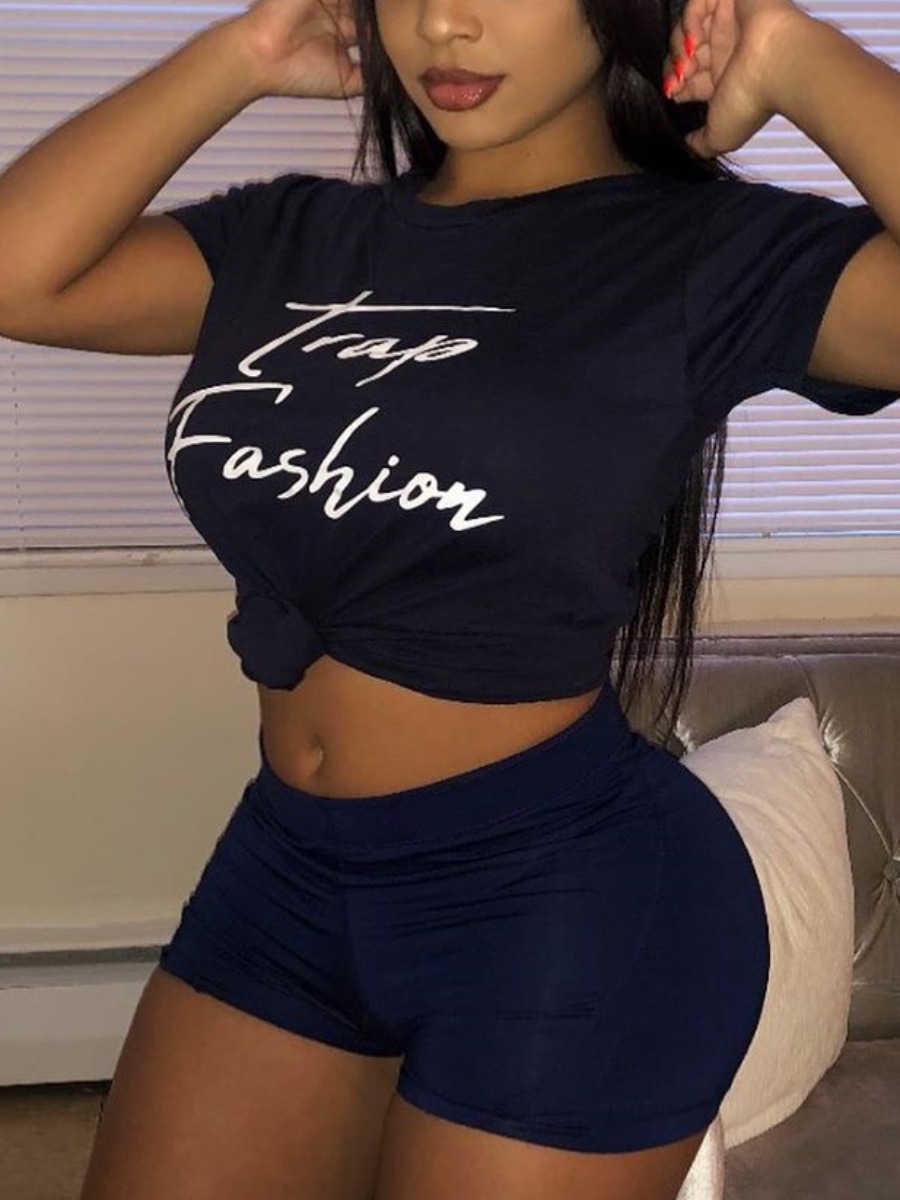 

Lovely Casual O Neck Letter Print Black Two Piece Shorts Set