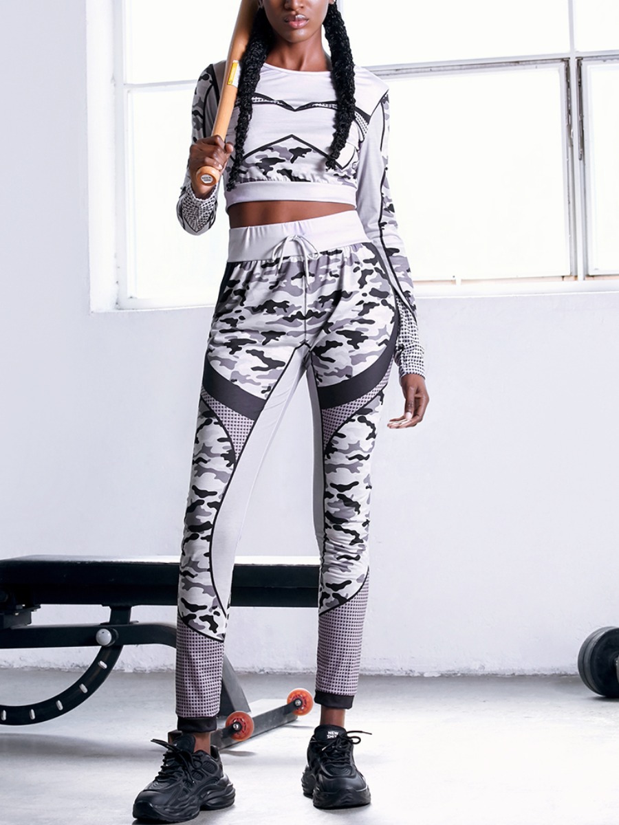 

Lovely Sporty Camo Print Patchwork Grey Two Piece Pants Set