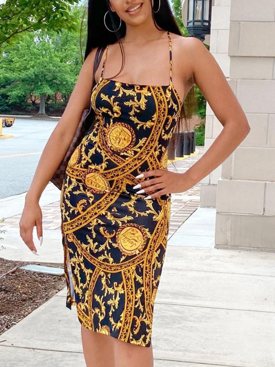 

Lovely Street Print Patchwork Split Gold Knee Length Dress
