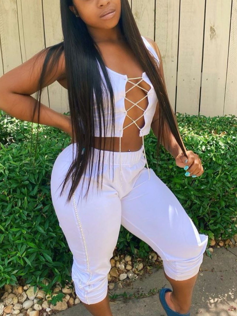 

Lovely Sexy Bandage Hollow-out Design White Two Piece Pants Set