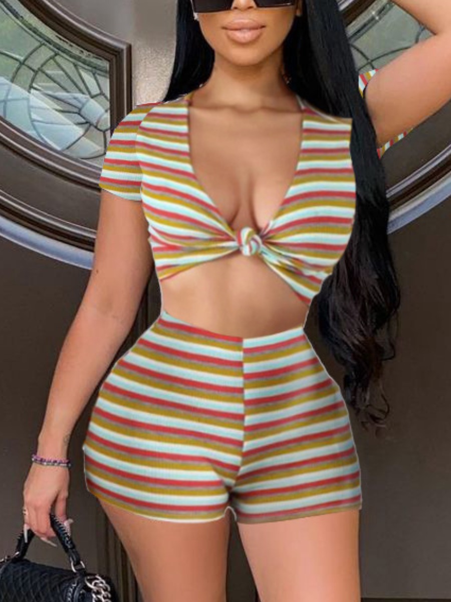 

Lovely Casual Knot Design Striped Multicolor Two Piece Shorts Set, Multi