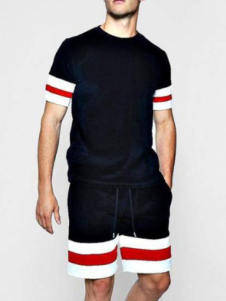 

Lovely Sporty Striped Drawstring Black Men Two Piece Shorts Set