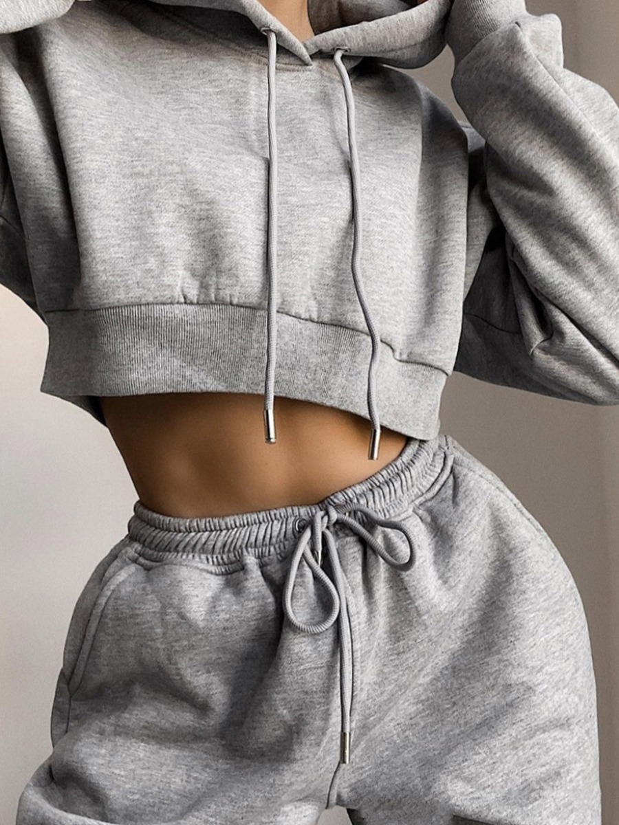 

Lovely Sporty Hooded Collar Drawstring Grey Plus Size Two-piece Pants Set