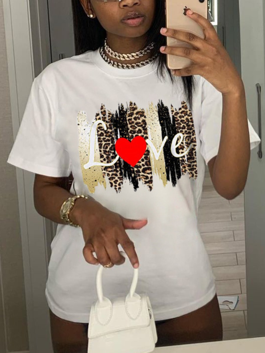 

Lovely Casual Letter Leopard Print White Plus Size T-shirt