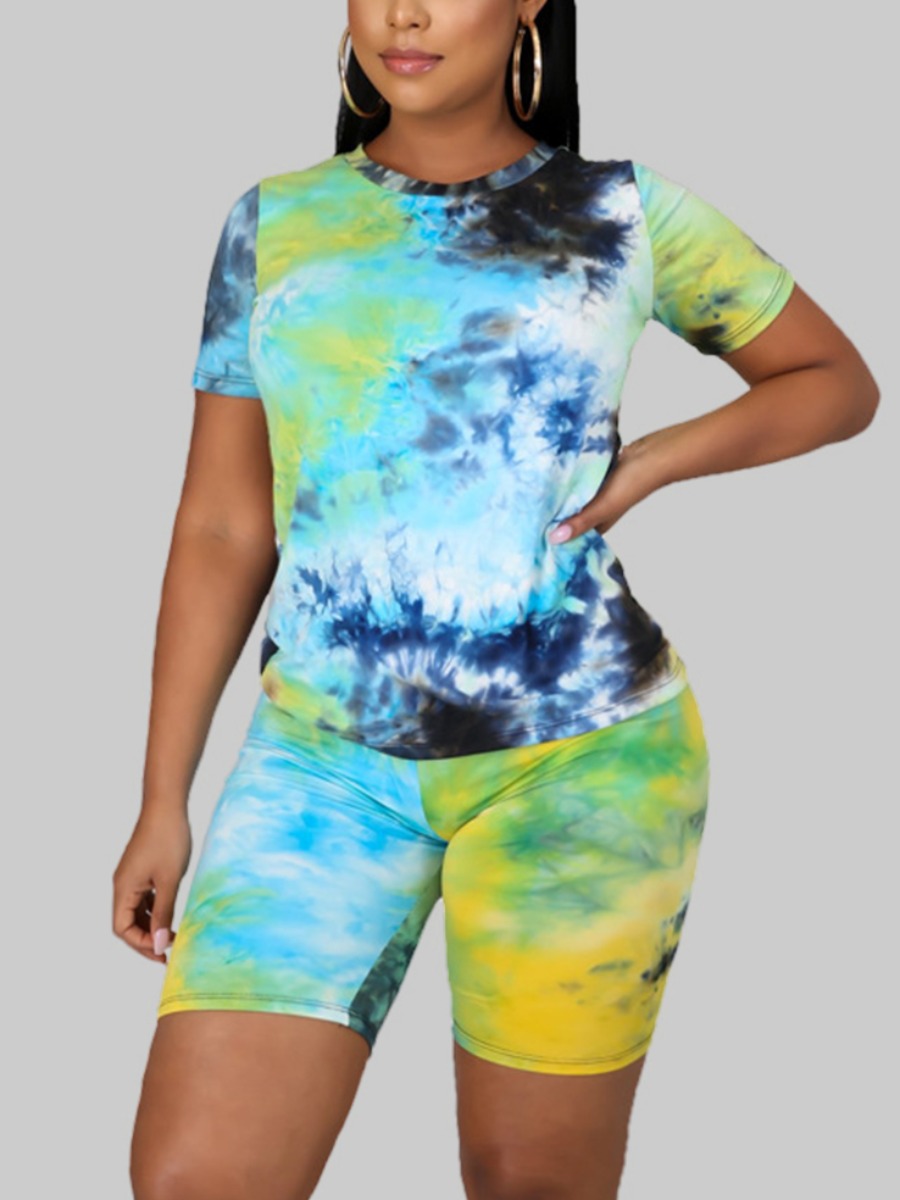 

Lovely Plus Size Trendy O Neck Tie-dye Baby Blue Two-piece Shorts Set