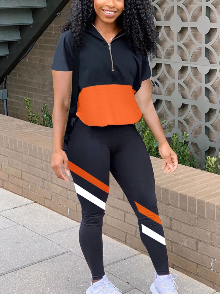 

Lovely Sporty Turndown Collar Color-lump Patchwork Black Two Piece Pants Set