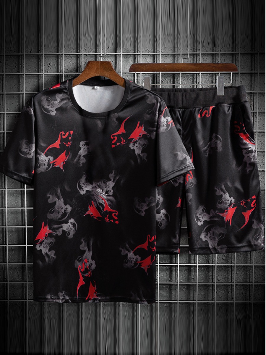 

Lovely Men Casual O Neck Print Patchwork Red Two Piece Shorts Set