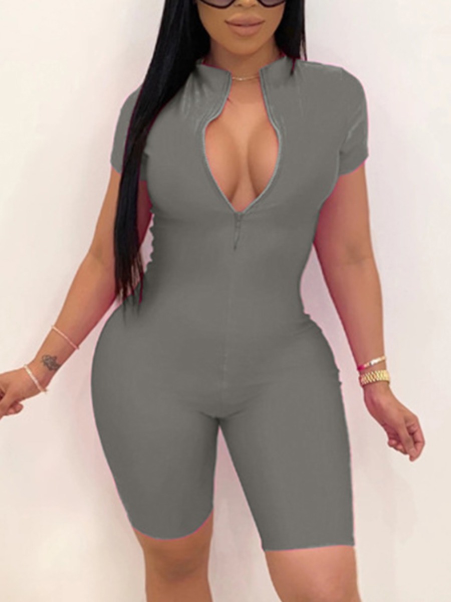 

LW BASICS Plus Size Sportswear Zipper Design Grey One-piece Romper