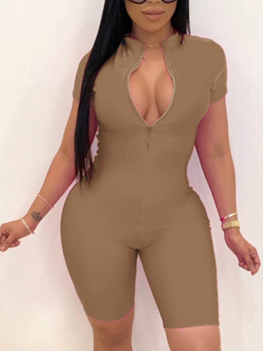 

LW BASICS Plus Size Sportswear Zipper Design Coffee One-piece Romper