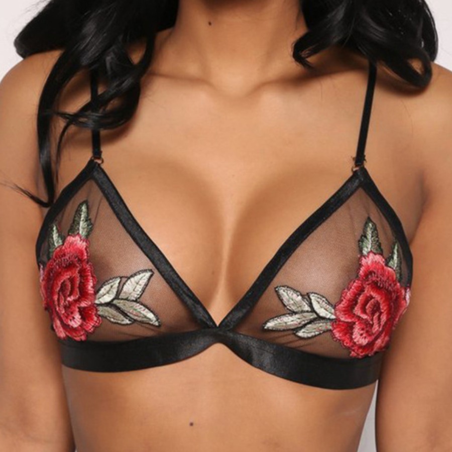 

Lovely Sexy Floral Print See-through Black Bra