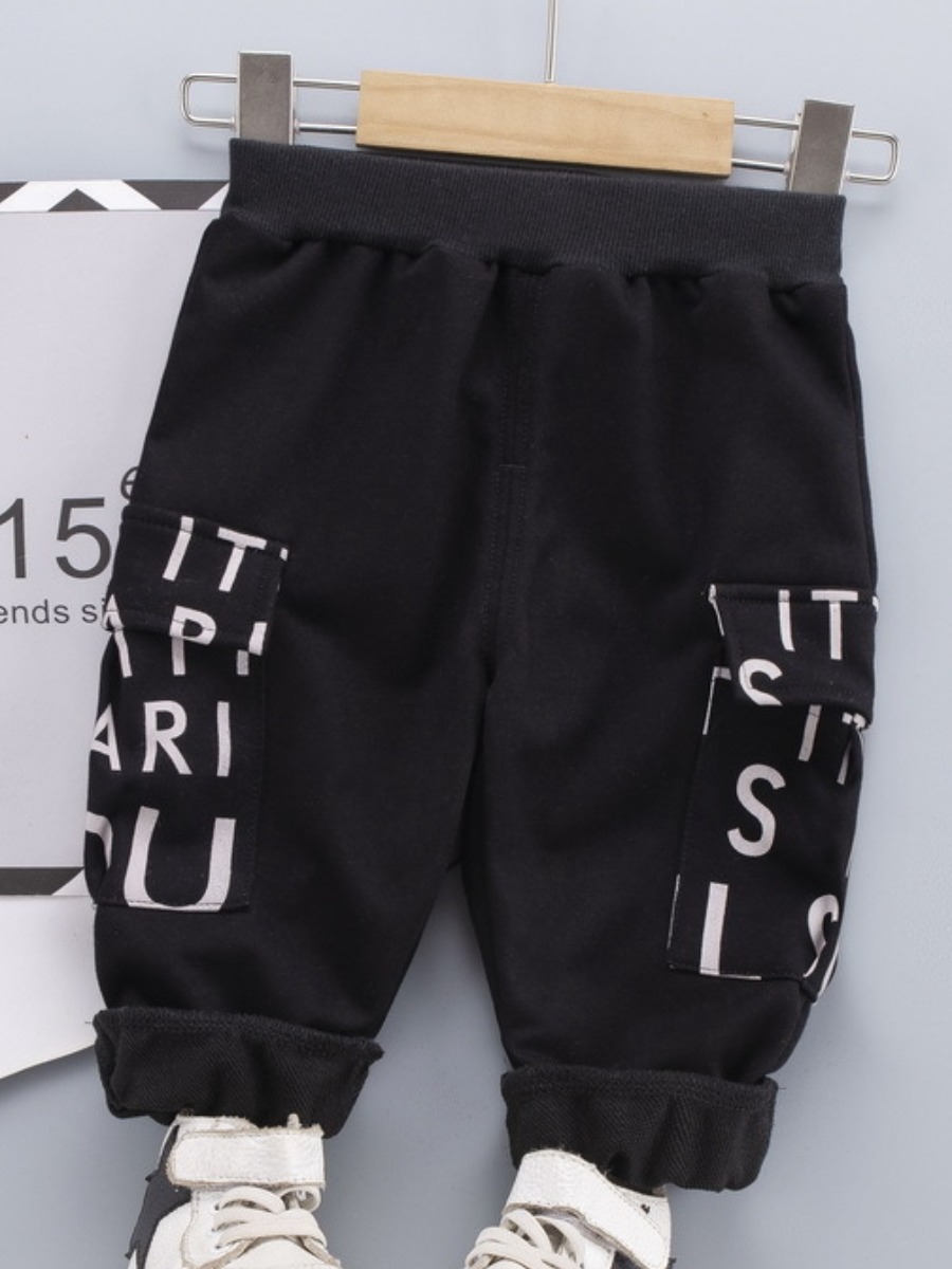 

Lovely Boy Street Letter Print Side Pocket Black Pants