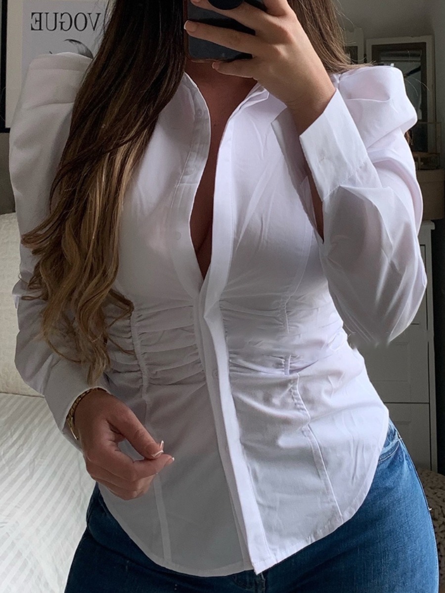 

Lovely Sweet Turndown Collar Ruffle Design White Blouse