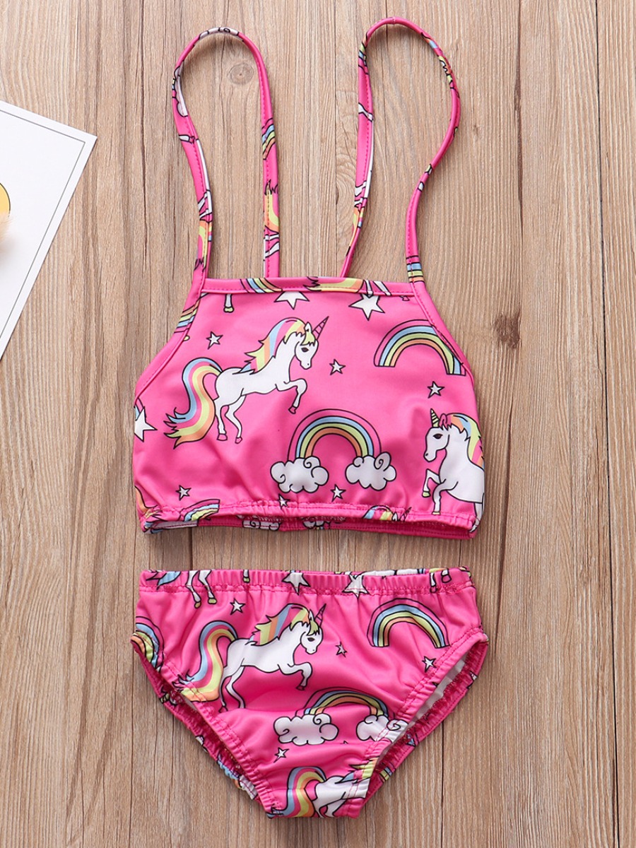 

Lovely Girl Sweet Animal Rainbow Print Pink Two-piece Swimsuit
