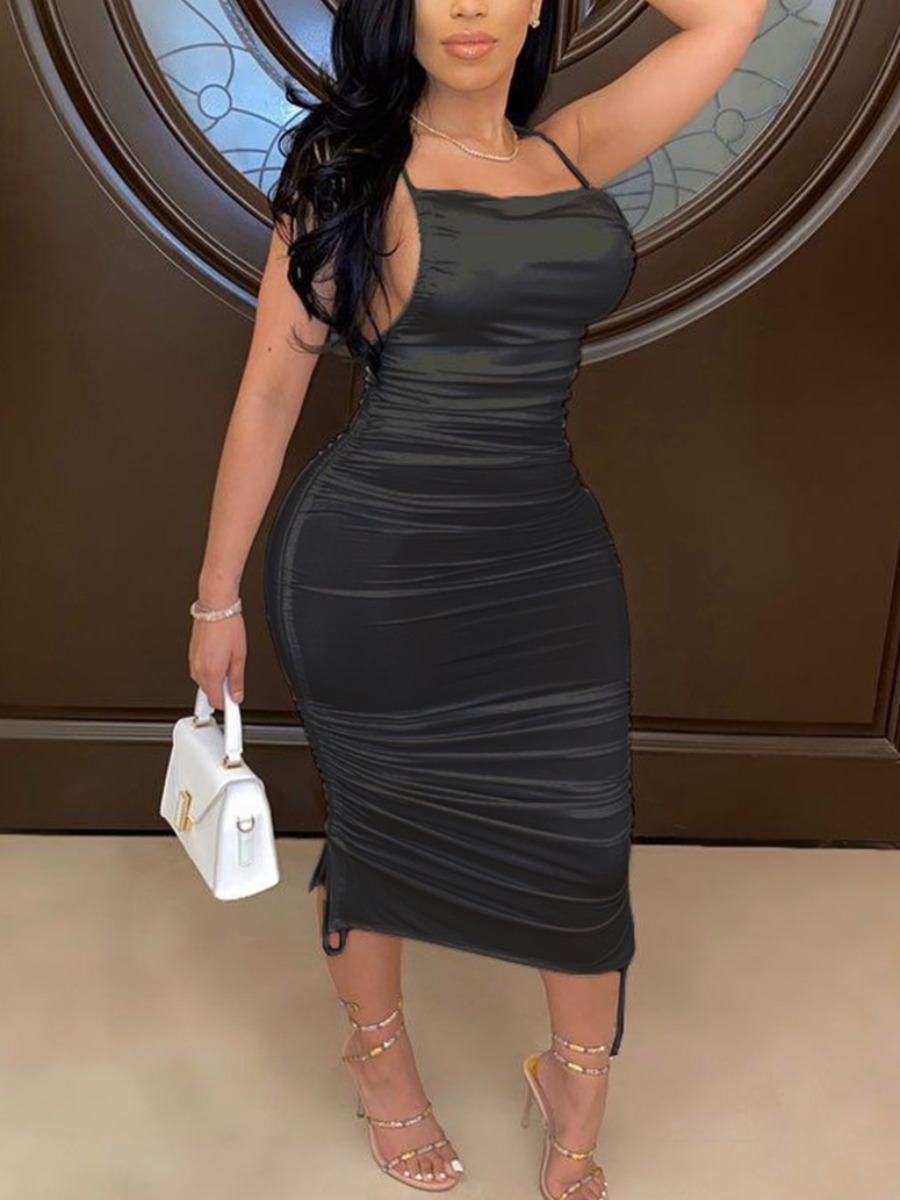 

LW Sexy Backless Ruched Black Mid Calf Dress
