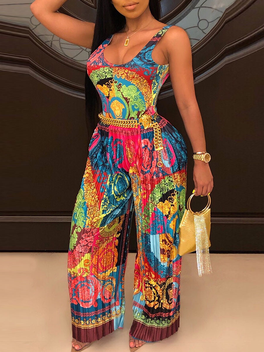 

LW Plus Size Boho Print Backless Chain Decoration Green One-piece Jumpsuit