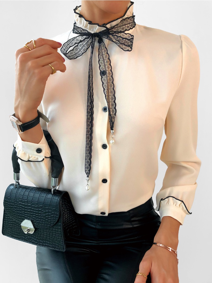

Lovely Sweet Bow-tie Decoration Ruffle Design Apricot Blouse