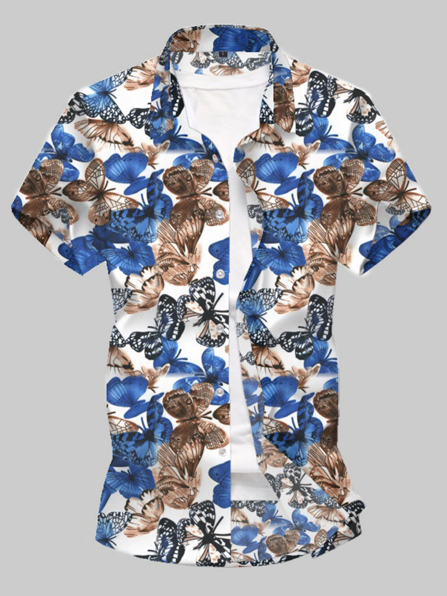 

Lovely Boho Butterfly Print Patchwork White Men Shirt