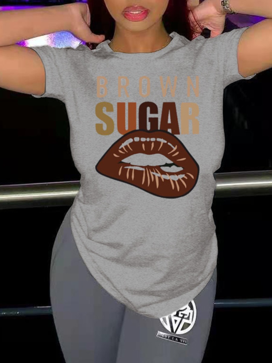 

LW Casual Lip Letter Print Light Grey T-shirt