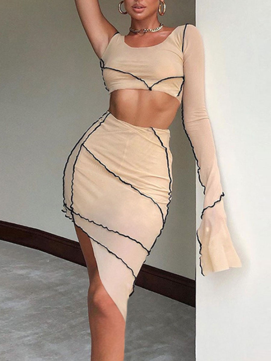 

Lovely Sexy Flared See-through Asymmetrical Apricot Two Piece Skirt Set