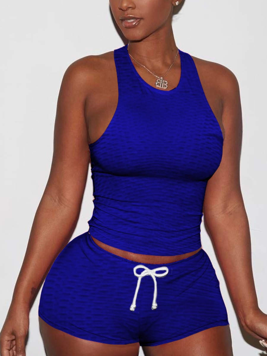 

Lovely Sporty O Neck Drawstring Blue Two Piece Shorts Set