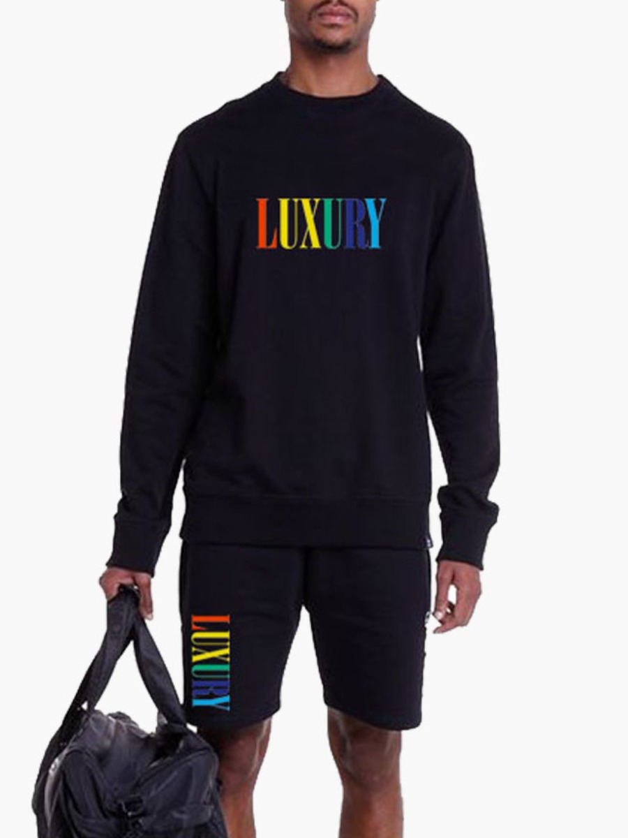 

Lovely Men Casual O Neck Letter Print Black Two Piece Shorts Set