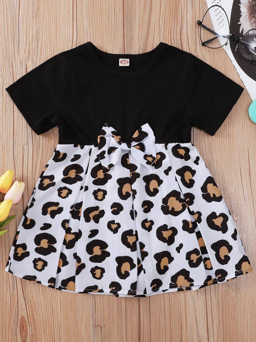 

Lovely Girl Sweet Leopard Print Flounce Design Bow-tie Decoration Knee Length Dress