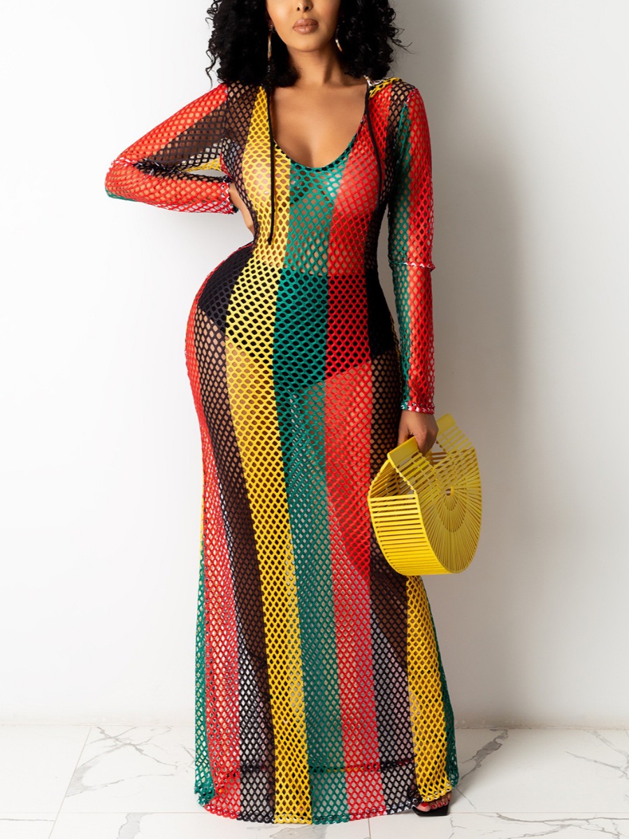 

Lovely Sexy Hooded Collar Hollow-out Striped Multicolor Floor Length Dress, Multicolor mstn