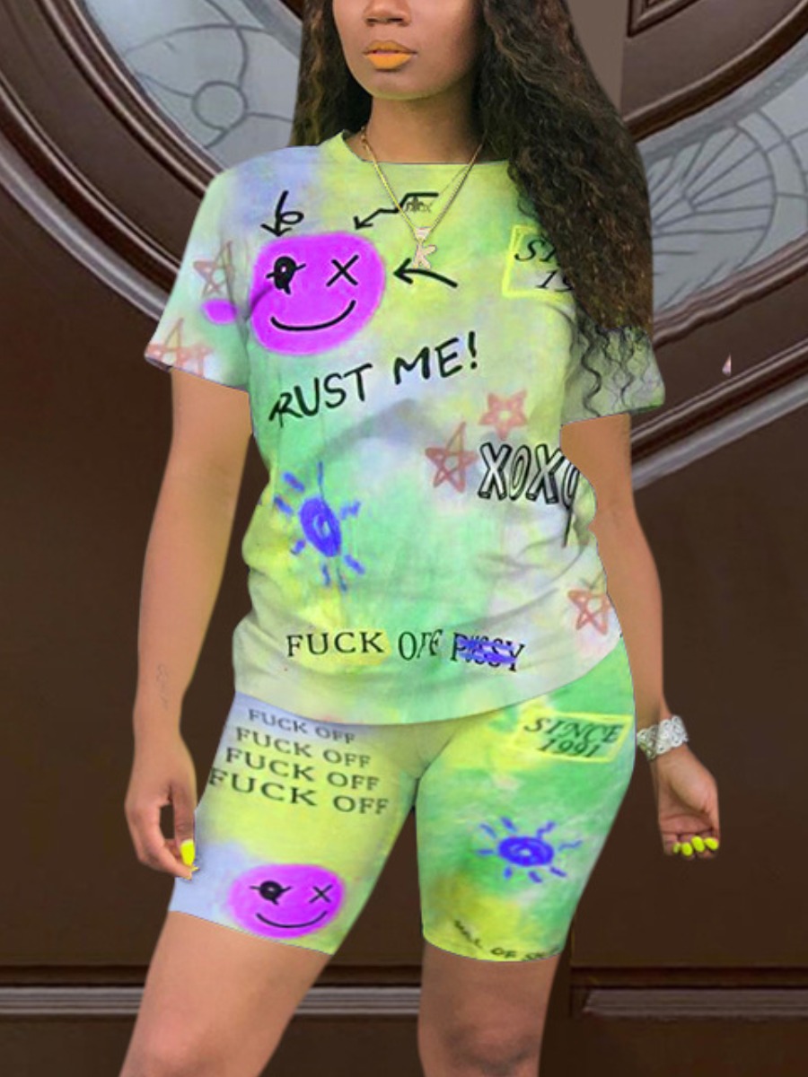 

Lovely Street Letter Print Tie-dye Yellow Two Piece Shorts Set