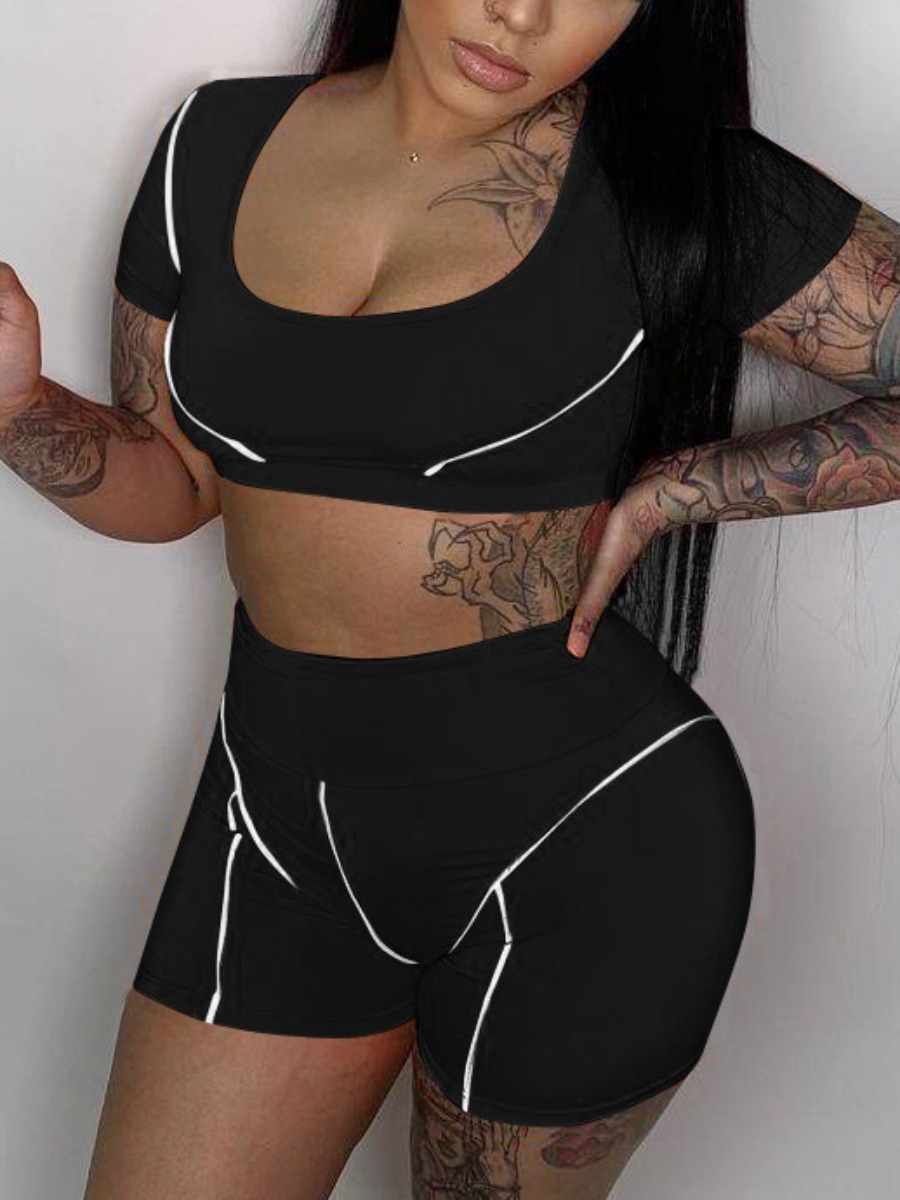 

Lovely Sporty U Neck Striped Black Two Piece Shorts Set