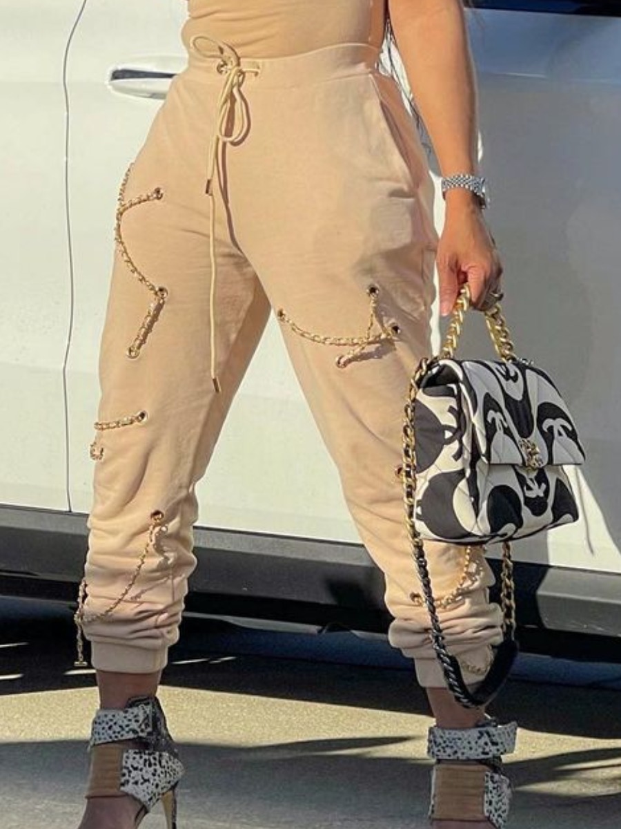 

Lovely Street Drawstring Chain Decoration Beige Pants