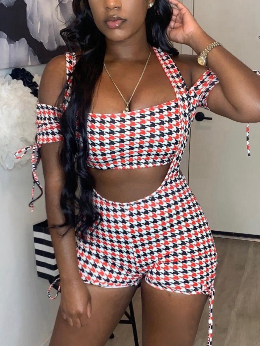 

Lovely Sweet Plaid Print Suspender Red Two Piece Shorts Set