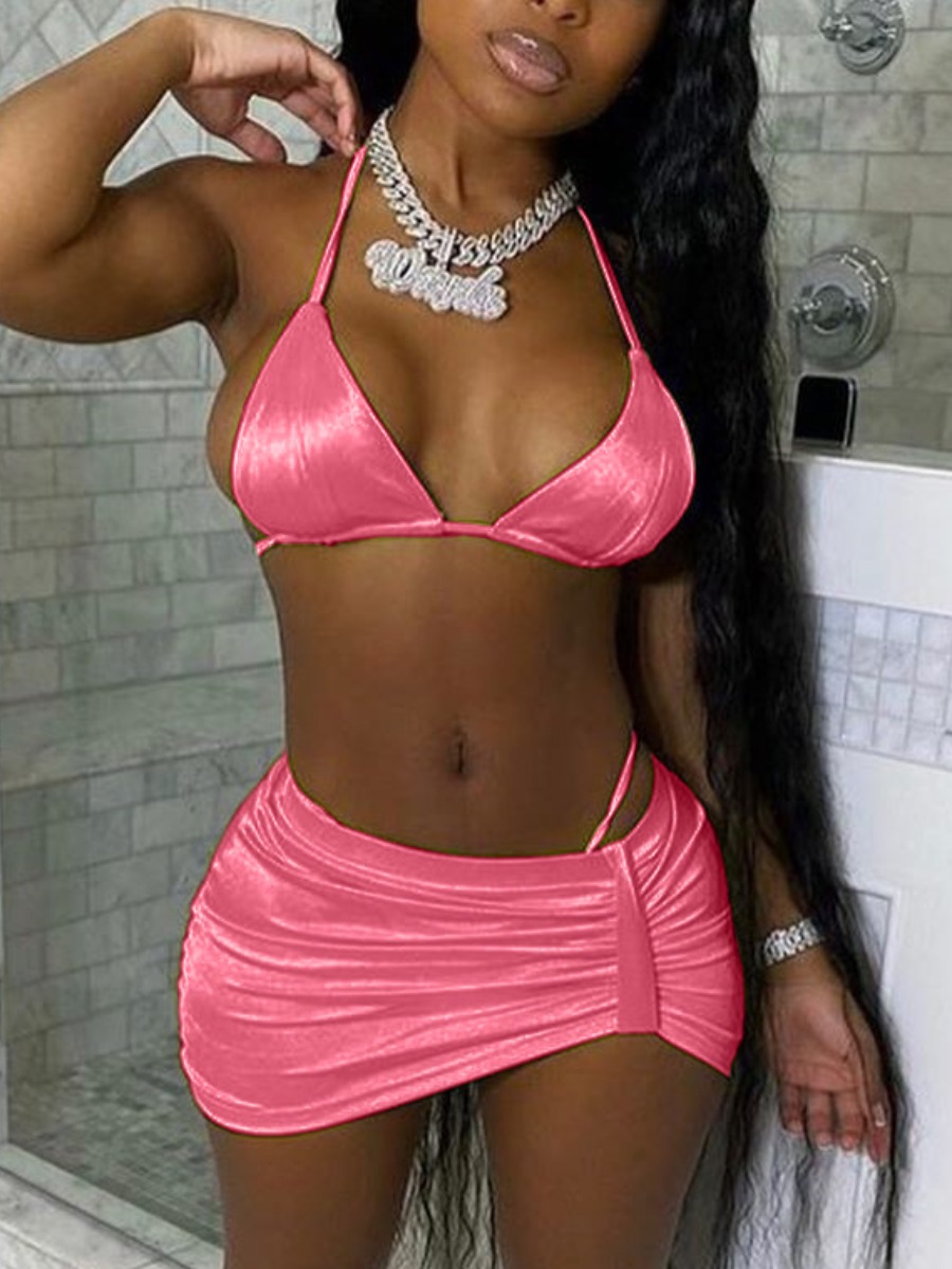 

Lovely Sexy Ruched Bandage Design Pink Two-piece Swimsuit