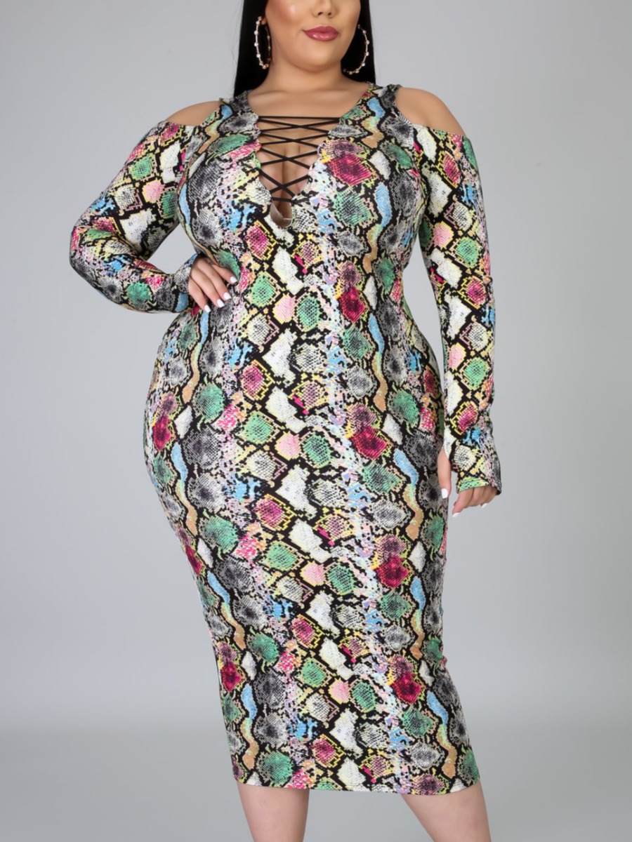 

Lovely Street Cobra Print Bandage Hollow-out Design Mid Calf Plus Size Dress