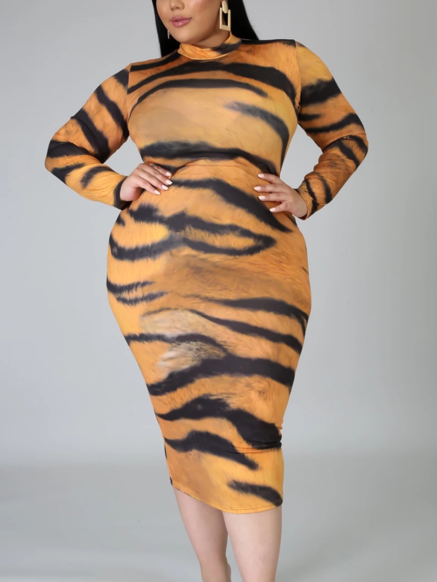 

Lovely Casual Half A Turtleneck Tiger Stripe Mid Calf Plus Size Dress, Tiger stripes