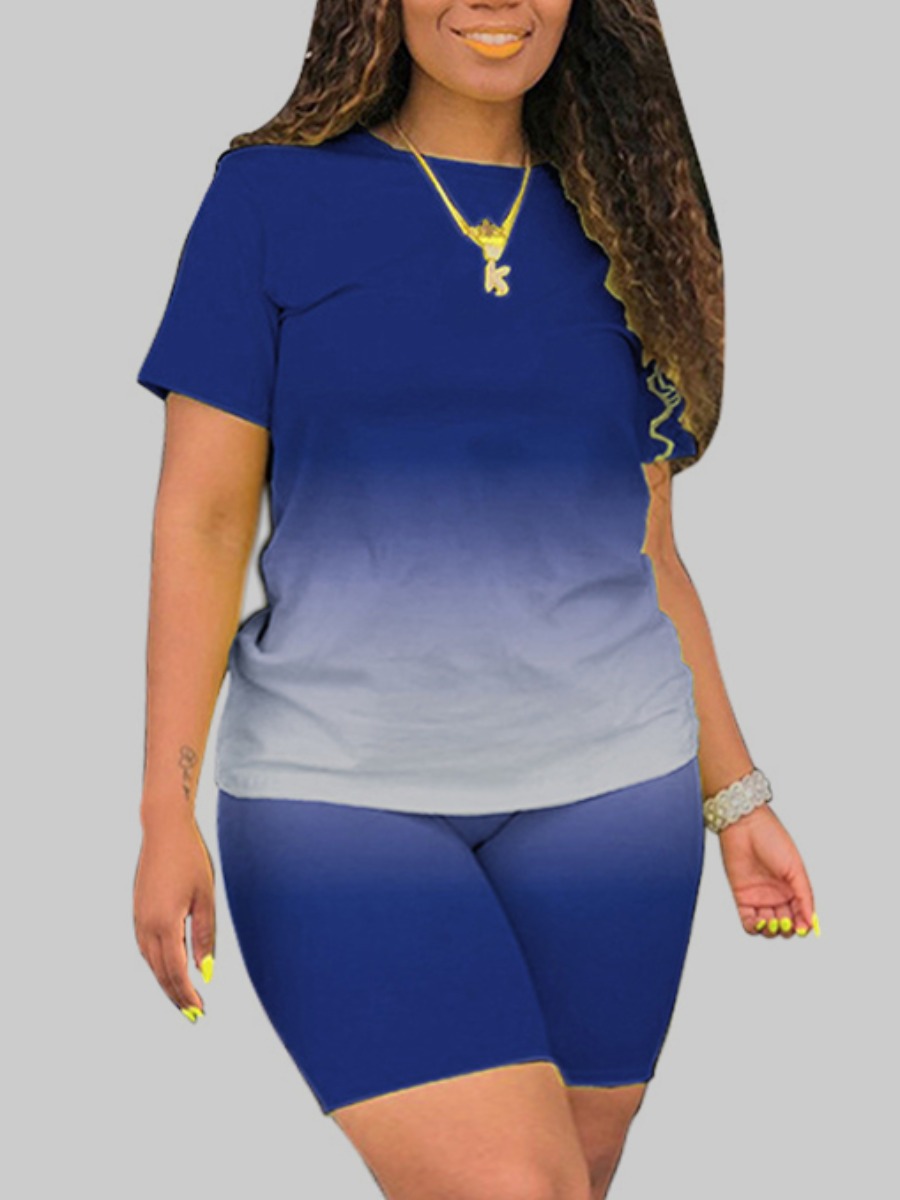 

Lovely Plus Size Trendy O Neck Gradient Deep Blue Two-piece Shorts Set