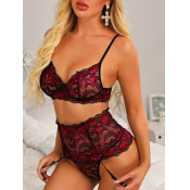 Lovely Sexy Mesh Patchwork Wine Red Bra Set