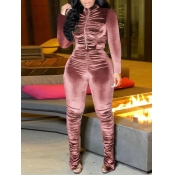 LW Velvet Turtleneck Fold Zipper Design Pants Set