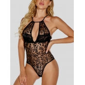 Lovely Sexy Floral See-through Hollow-out Black Te