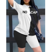 Lovely Casual O Neck Print Patchwork White Two-pie