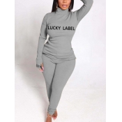Lovely Plus Size Sweet Letter Print Split Grey Two