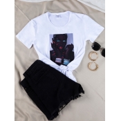 Lovely Casual O Neck Portrait Print White T-shirt