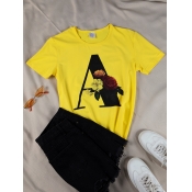 Lovely Casual Floral Letter Print Yellow T-shirt