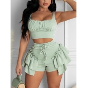 LW Sweet Flounce Design Ruched Drawstring Green Tw