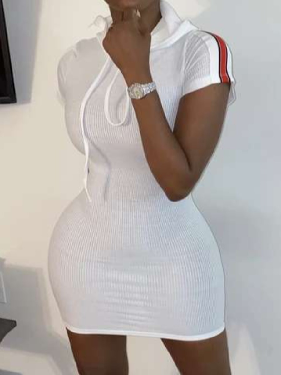 

Lovely Street Hooded Collar Rib-Knit Striped White Mini Dress