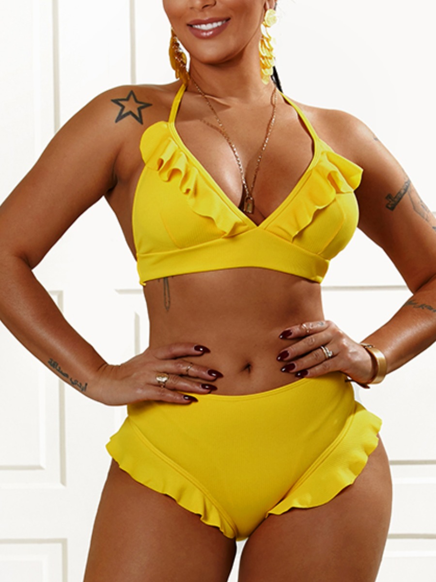 

Lovely Boho Backless Flounce Design Yellow Two-piece Swimsuit